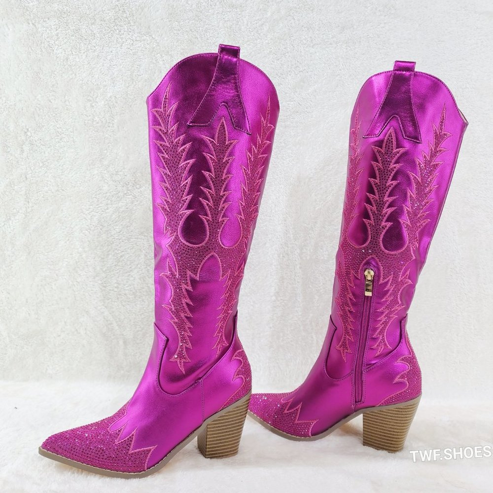 Rodeo Flash Metallic Matte Rhinestone Western Knee High Cowgirl Boots Hot Pink